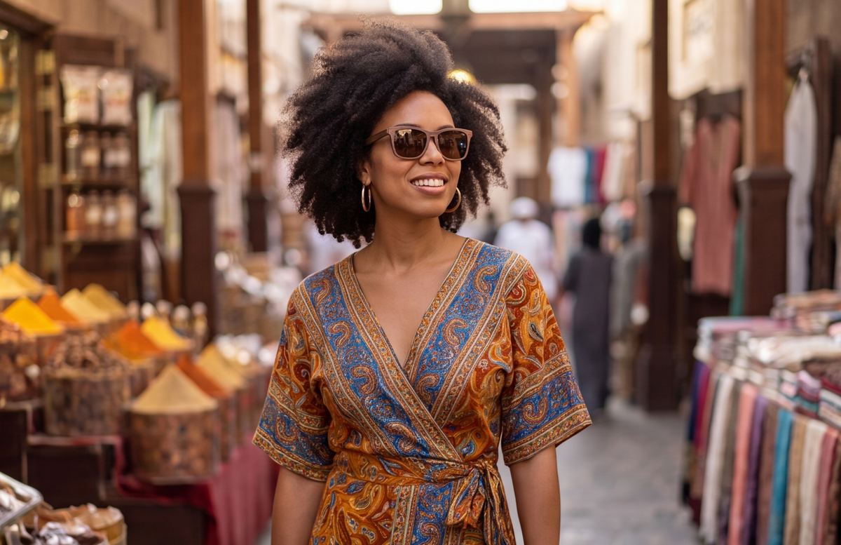 Woman in a spice market wearing Sahara Walnut sunglasses by Kobe Afrika