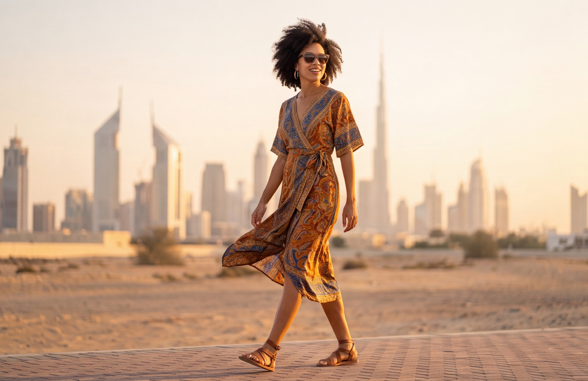 Woman walking with a desert city skyline behind, wearing Sahara Walnut sunglasses by Kobe Afrika