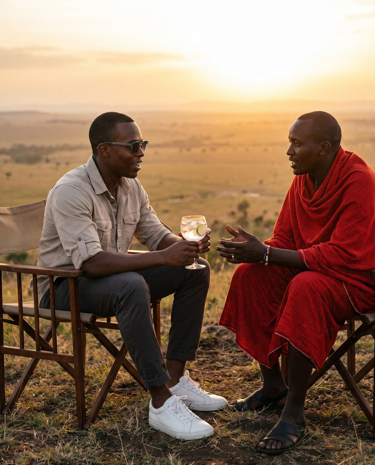 Man talking with a Maasai elder at sunset in Skye Blue sunglasses by Kobe Afrika
