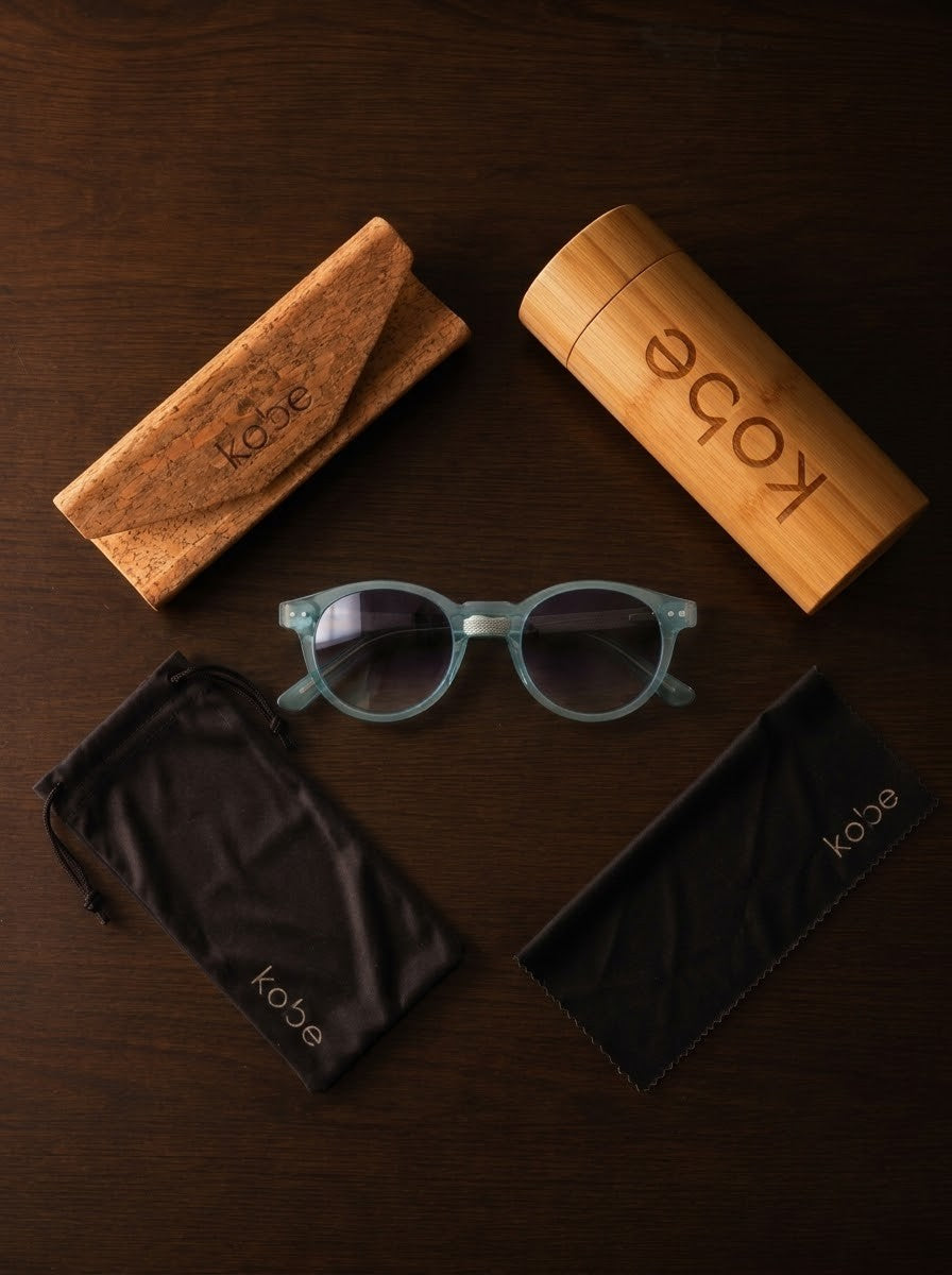 Skye Blue sunglasses with bamboo travel case, foldable cork case, microfibre pouch and microfibre cleaning cloth